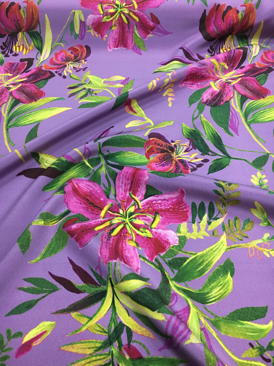新品梦幻紫香水百合印花桑蚕丝面料30姆米弹力重绉真丝连衣裙布料